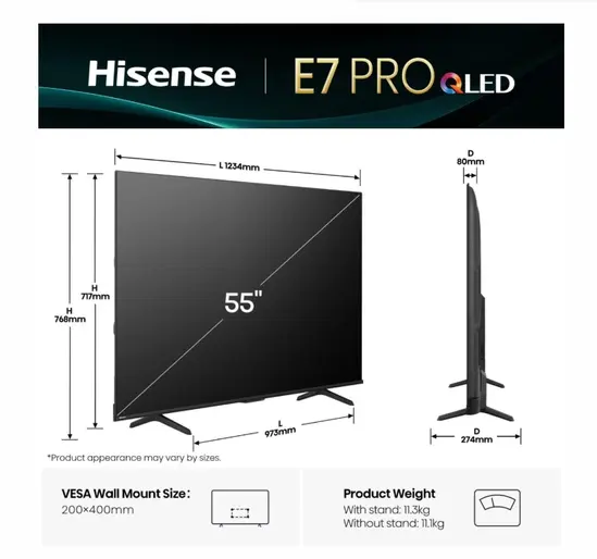 Телевизор Hisense 55" E7Q Pro, 4K Ultra HD 3840x2160, QLED, Quantum Dot, 144Hz, HDR 10+ adaptive, HLG, Dolby Vision, DTS Virtual X, Smart TV, WiFi 5GHz, WiFi Direct, BT, Anyview Cast, 3xHDMI, 2xUSB, LAN, CI+, DVB-T2CS2, Black