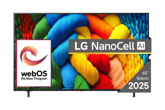 Телевизор LG 65NANO80A3B, 65" 4K HDR Smart Nano Cell TV, 3840x2160, DVB-T2CS2, AI Alpha 7, HDR 10 PRO, webOS 25, ThinQ AI, VRR, ALLM, HGiG, WiFi, Clear Voice, AI Upscaling, Bluetooth, Hdmi e-ARC , CI, LAN, AirPlay2, Chromecast, 2 Pole stand, Black