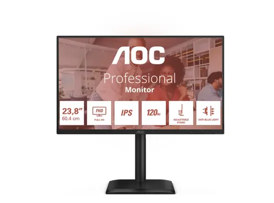 Монитор AOC 24E4U, 23.8" IPS WLED, 1920x1080@120Hz, 4ms GtG, 300cd m2, 1500:1, 20M:1 DCR, Adaptive Sync, FlickerFree, Anti Blue Light, 2Wx2, Tilt, Height Adjust, Pivot, Swivel, D-SUB, HDMI, USB Hub