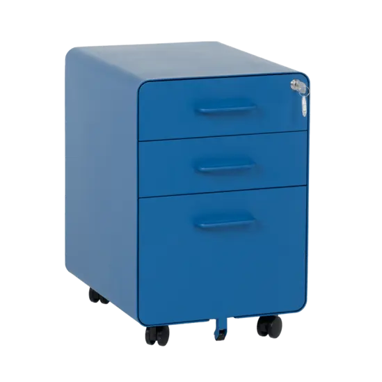 Метален контейнер A BTL с 3 чекмеджета- синьо, снимано от ляв ъгъл, със затворени чекмеджета