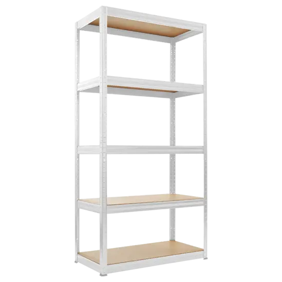 Снимка отпред: Метален стелаж BTL в бял цвят, показан отпред с видими МДФ рафтове и регулируема височина