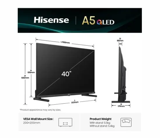 Телевизор Hisense 40' A5Q, Full HD 1920x1080, QLED, Quantum Dot, HDR, HLG, DTS HD, Light Sensor, Dolby Audio, Smart TV, WiFi, WiFi Direct, 2xHDMI, 2xUSB, LAN, CI+, DVB-T2CS2, Black