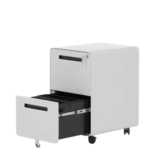 Метален контейнер K BTL с 2 чекмеджета, сив, сниман от десен ъгъл, с отворено долно чекмедже, празен