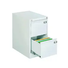 Метална картотека FRT с 2 чекмеджета - сива на цвят, сниман отстрани, с отворено долно чекмедже, напълнено с папки