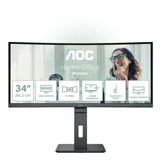 Монитор AOC CU34P3CV, 34" VA WLED, Curved 1500R, 3440x1440@100Hz, 4ms GtG, 1ms MPRT, 300cd m2, DCR 3000:1, 50M:1, AdaptiveSync, FlickerFree, Low Blue Light, 5Wx2, Tilt, Height Adjust, Swivel, HDMI, DP, USB hub