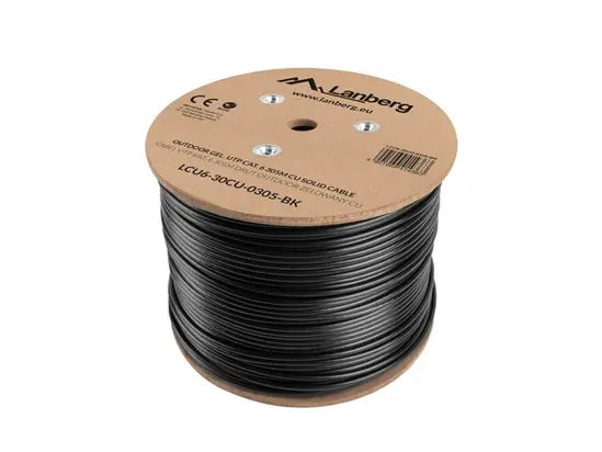 Кабел Lanberg LAN cable CAT.6 utp 305m solid outdoor gel-filled cu black fluke passed
