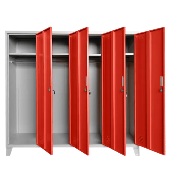 Метален гардероб BTL JZ с 4 отделения 150x159x40 см червен с 4 отворени врати и 4 рафта