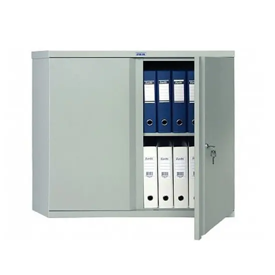 Архивен шкаф PMT с 2 отделения 83.2x91.5x37 см - с дясна врата отворена, сниман отпред, пълен с класьори