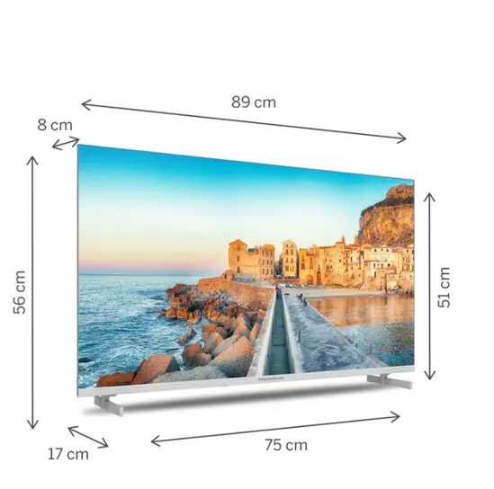 Телевизор Thomson 40" FHD Google TV; 1920 x 1080 (FHD), DLED, 60 Hz, HDR10, Dolby Audio, Google Cast, DVB-TT2CSS2, Wi-Fi, Bluetooth, LAN, HDMI 3 (1.4), USB 2 (2.0), Hotel mode, Side Feet, White