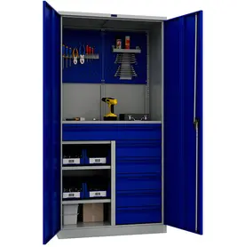 Шкаф за инструменти PMT 1995 TC15 - син, отворени врати, напъленен с иструменти