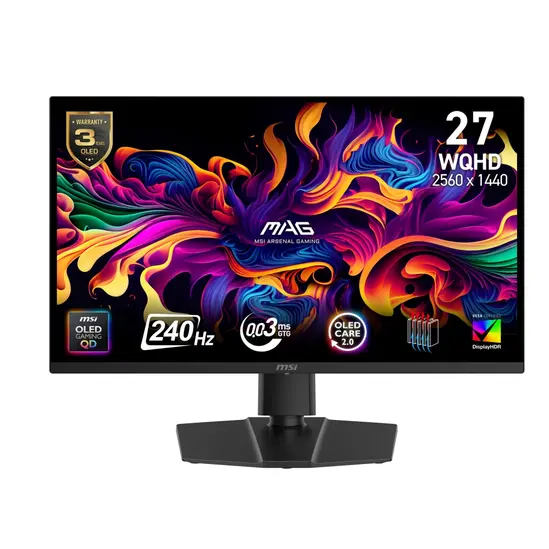 Монитор MSI MAG 271QP QD-OLED X28 Gaming Monitor, 26.5", 0.03ms, 280Hz, 2560x1440, G-SYNC, AMD FreeSync Premium Pro, AI Vision, Console Mode, ClearMR 15000, HDR True Black 400, Type-C(15W PD), DP(1.4a), 2xHDMI(2.1), Pivot, Heigh Adj., VESA 100, Black, 8.2