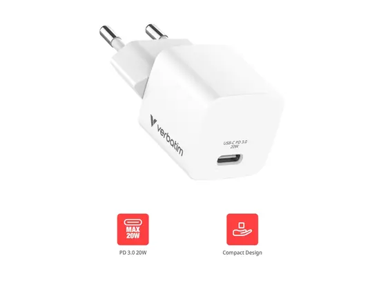 Зарядно устройство Verbatim Mini GaN Charger 20W EU plug