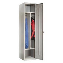 Метален гардероб PMT с 2 отделения 183х41.8х50 см - сниман отпред, с отворена врата, пълен с дрехи, сив
