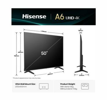 Телевизор Hisense 50' A6Q, 4K Ultra HD 3840x2160, DLED, DFA, Precision Colour, HDR 10+, HLG, Dolby Vision,Light sensor, Smart TV, WiFi, BT, AnyView Cast, Gaming Mode, 1xHDMI2 eArc, 3xHDMI, 2xUSB, LAN, CI+, DVB-T2/C/S2, Black