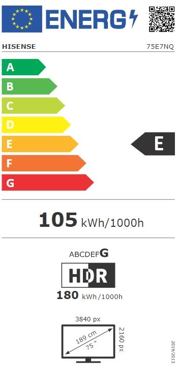 Телевизор Hisense 75' E7NQ, 4K Ultra HD 3840x2160, QLED, Quantum Dot, HDR 10+, HLG, Dolby Vision, DTS Virtual X, Smart TV, Light Sensor, WiFi Direct, BT, Anyview Cast, 3xHDMI, 2xUSB, LAN, CI+, DVB-T2/C/S2, Black