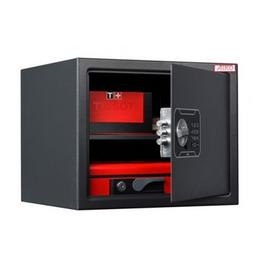 Метален сейф PMT 280 EL - черен,  отворен и пълен с червени кутии вътре