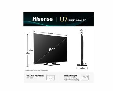 Телевизор Hisense 50' U7Q, 4K Ultra HD 3840x2160, ULED, FALD, Quantum Dot, 144Hz, IPS, HDR 10+, HLG, Dolby Vision IQ, Dolby Atmos, Smart TV, WiFi 5GHz, WiFi Direct, BT, Anyview Cast, 4xHDMI, 2xUSB, LAN, CI+, DVB-T2/C/S2, Black
