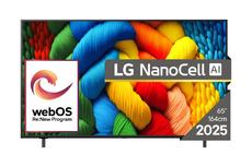 Телевизор LG 65NANO80A3B, 65' 4K HDR Smart Nano Cell TV, 3840x2160, DVB-T2/C/S2, AI Alpha 7, HDR 10 PRO, webOS 25, ThinQ AI, VRR, ALLM, HGiG, WiFi, Clear Voice, AI Upscaling, Bluetooth, Hdmi e-ARC , CI, LAN, AirPlay2, Chromecast, 2 Pole stand, Black