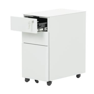 Метален контейнер F BTL с 3 чекмеджета - сниман от десен ъгъл, с отворено горно чекмедже, сив на цвят, празен отвътре