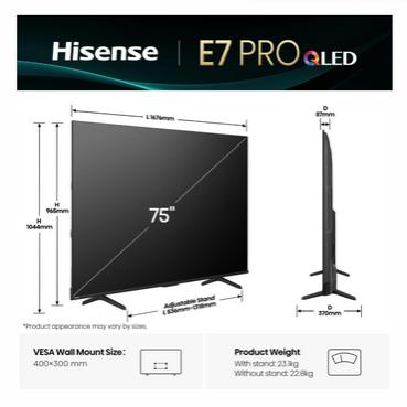 Телевизор Hisense 75' E7Q Pro, 4K Ultra HD 3840x2160, QLED, Quantum Dot, 144Hz, HDR 10+ adaptive, HLG, Dolby Vision, Hi-Concerto,Dolby Vision Atmos, Smart TV, WiFi 5GHz, WiFi Direct,Light Sensor, BT, Anyview Cast, 4xHDMI, 2xUSB, LAN, CI+, DVB-T2/C/S2, Bla