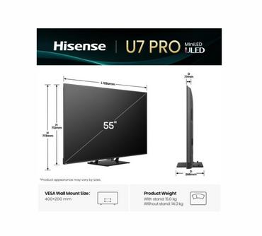 Телевизор Hisense 55'U7Q Pro, 4K Ultra HD 3840x2160, ULED, FALD, Quantum Dot, 165Hz, IPS, HDR 10+, HLG, Dolby Vision IQ, Dolby Atmos, Smart TV, WiFi 5GHz, WiFi Direct, BT, Anyview Cast,light sensor,Solar Powered Remote, 4xHDMI, 2xUSB, LAN, CI+, DVB-T2/C/S