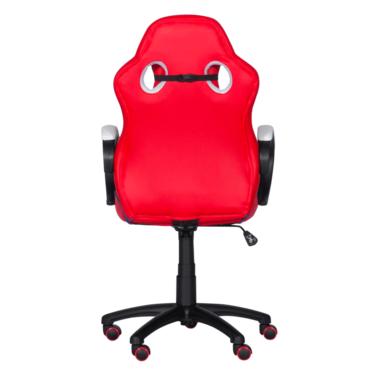 Геймърски стол МАРВЕН-снимка отзад, червена еко кожа, червени колелца