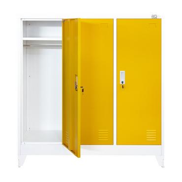 Метален гардероб с 3 отделения 120x40x120 см 4 цвята - жълт, с отворена лява врата, сниман отпред