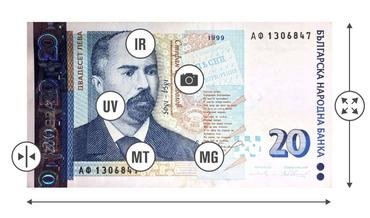 7-степенна детекция за фалшиви банкноти: магнитно мастило, метална нишка, инфрачервени характеристики, воден знак, цвят, размер и дебелина