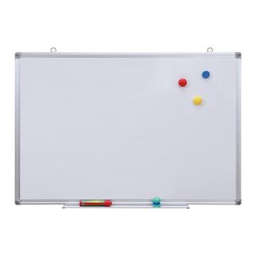 Бяла магнитна дъска с алуминиева рамка 60х90 см - снимана отпред, подредена с офис конусмативи