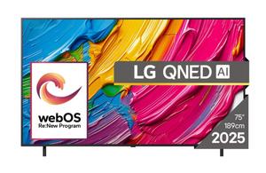 Телевизор LG 75QNED80A3A, 75' 4K QNED HDR Smart TV, 3840x2160, DVB-T2/C/S2, Alpha 7 AI Processor, HDR10 / HLG, webOS 25 ThinQ, VRR / ALLM / HGiG, 4K Upscaling, WiFi 5, Voice Controll, Bluetooth 5.1, AirPlay 2, LAN, CI, HDMI, SPDIF, Google Cast, 2 pole Sta