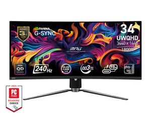 Монитор MSI MPG 341CQPX QD-OLED, 34.18', 0.03ms, 240Hz, 3440x1440(UWQHD), 21:9, CURVE 1800R, AR, FreeSync Premium Pro, CLEARMR 13000, HDR True Black 400, 1000 nits, 3000:1, DCR 150M:1, DP(1.4a), 2xHDMI 2.1, TypeC DP w/PD(98W), USB hub, Heigh Adj., Black, 