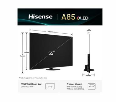 Телевизор Hisense 55' A85Q, 4K UHD OLED Smart TV, 120Hz, 1000 nits,HDMI 2.1, Game Mode Pro, AMD FreeSync Premium, Dolby Vision IQ & Atmos, Bluetooth, Alexa Built-in, Black