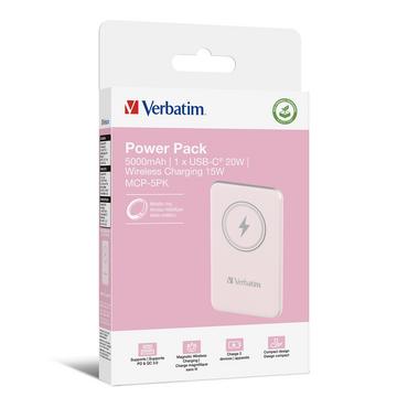 Външна батерия Verbatim MCP-5PK Power Pack 5000 mAh with UBS-C® PD 20W / Magnetic Wireless Charging 15W Pink