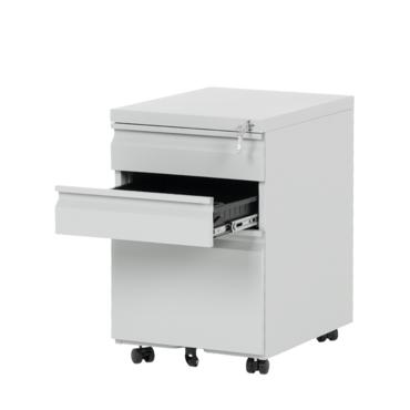 Метален контейнер K BTL с 3 чекмеджета - сив, с отворено средно чекмедже, празен, сниман от десен ъгъл