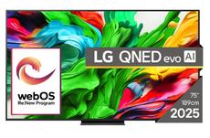 Телевизор LG 75QNED86A3A, 75' 4K QNED HDR Smart TV, 3840x2160, 120Hz Native (VRR 144Hz), DVB-T2/C/S2, Alpha 8 AI Processor, HDR 10 PRO, webOS 25 ThinQ, 4K Upscaling, WiFi 5, Dolby Vision, Bluetooth 5.1, AirPlay 2, LAN, CI, HDMI, SPDIF, Stand