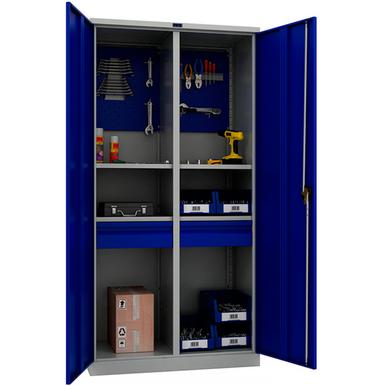 Шкаф за инструменти PMT 1995 TC - с отворени врати, сини на цвят, напълнен с инструмент отвътре, сниман отпред