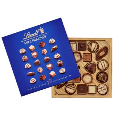 Отворена кутия с мини пралини Lindt 20 броя, син капак