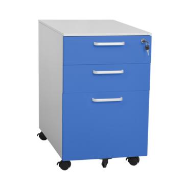 Метален контейнер LS BTL с 3 чекмеджетаж - сниман отстрани, син на цвят, със затворени чекмеджета