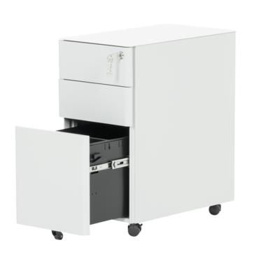 Метален контейнер F BTL с 3 чекмеджета - сниман от десен ъгъл, с отворено долно чекмедже, сив на цвят, празен отвътре