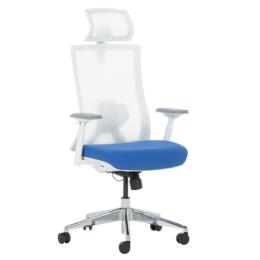 Работен стол НЕРЕЙ- снимка отпред, синя дамаска-седалка, бял меш-облегалка