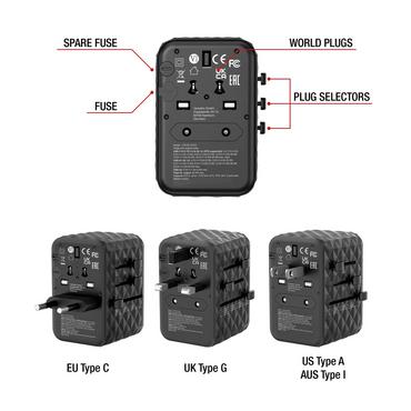 Адаптер Verbatim UTA-05 GaN III Universal Travel Adapter with 2 x USB-C PD 65W & QC 4+ / 2 x USB-A