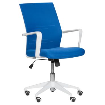 Работен стол КРАСИМИРА-сниман отстрани, син цвят дамаска, бяла база