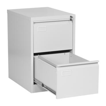 Метална картотека L BTL с 2 чекмеджета - снимана в профил, с отворено долно чекмедже, сива на цвят