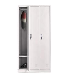 Метален гардероб FRT с 3 отделения 185х90х45 см - сниман отпред, лявата врата отворена, пълен с дрехи, сив