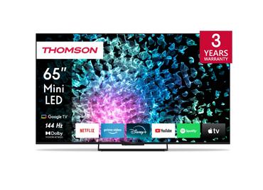 Телевизор Thomson Smart MiniLED TV 65'; Google TV; 3840 x 2160 (4K UHD), 1500000:1, LED, 144 Hz, DVB-T/T2/C/S/S2, HDR10, Wi-Fi, Bluetooth, LAN, HDMI 4 (2.1), USB 2 (2.0) + 1 (3.0), Central Stand, Black