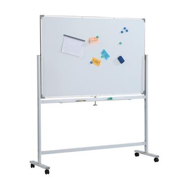 Бяла магнитна дъска 90х120 см мобилна - снимка отпред, с наредени офис консумативи на нея