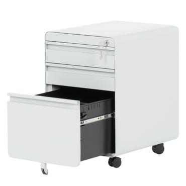 Метален контейнер V BTL с 3 чекмеджета - сниман от десен ъгъл, с отворено средно чекмедже, празен, сив на цвят