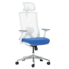 Работен стол НЕРЕЙ- снимка отпред, синя дамаска-седалка, бял меш-облегалка