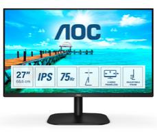 Монитор AOC 27B2DA, 27' IPS WLED, 1920x1080@75Hz, 4ms GtG, 250cd/m2, 1000:1. DC20M:1, Adaptive Sync, FlickerFree, Low Blue Light, 2Wx2, Tilt, D-SUB, DVI, HDMI