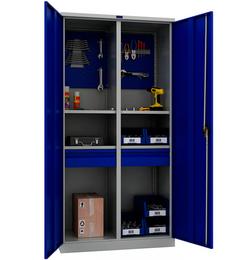 Шкаф за инструменти PMT 1995 TC - с отворени врати, сини на цвят, напълнен с инструмент отвътре, сниман отпред